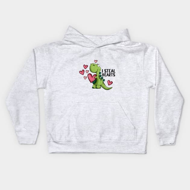 I Steal Hearts Dinosaur Valentines Day Kids Hoodie by Nessanya